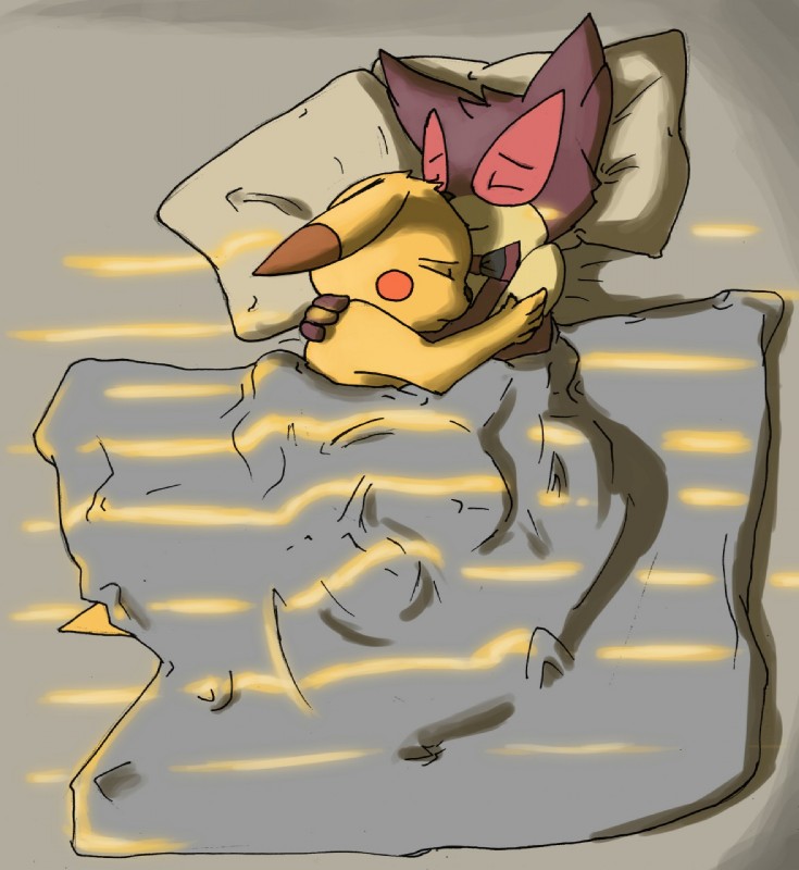 bed bow_(feature) bow_tie duo eyes_closed furniture hug male sleeping oscar_the_purrloin nintendo pokemon fan_character oscar_(purrloin) generation_1_pokemon generation_5_pokemon pikachu pokemon_(species) purrloin 2014 hi_res