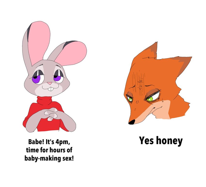 anthro buckteeth clothed clothing dialogue duo female fur green_eyes grey_body grey_fur impregnation_request interlocked_fingers looking_aside male number orange_body orange_fur purple_eyes simple_background snout snout_overhang sweater teeth text time topwear turtleneck white_background ponporio dick_flattening disney zootopia judy_hopps nick_wilde canid canine fox lagomorph leporid mammal rabbit red_fox true_fox 2021 english_text meme