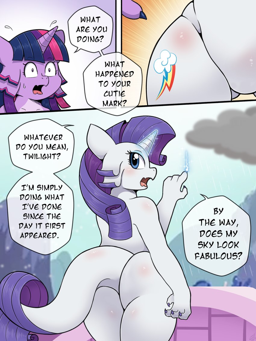 alternate_species alternate_universe anthro bodily_fluids cutie_mark dialogue featureless_crotch female group hair looking_back magic multicolored_hair open_mouth ponyville purple_body sweat text two_tone_hair white_body vavacung friendship_is_magic hasbro my_little_pony rarity_(mlp) twilight_sparkle_(mlp) kobold scalie 3:4 comic english_text hi_res