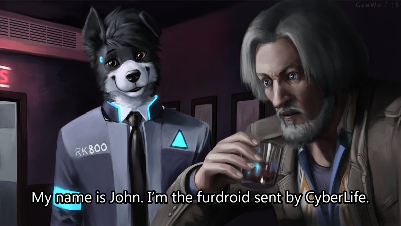 alcohol anthro beard beverage biped black_body black_fur black_nose blue_eyes brown_eyes clothed clothing dialogue drinking duo facial_hair fully_clothed fur machine male smile standing surprise text text_on_clothing text_on_topwear topwear white_body white_fur geewolf detroit:_become_human connor_(detroit) hank_(detroit) lite_(character) android border_collie canid canine canis collie domestic_dog herding_dog human mammal pastoral_dog robot sheepdog 16:9 2018 english_text hi_res widescreen