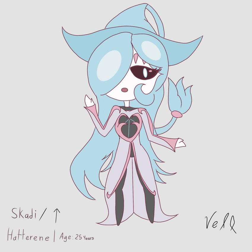 2_fingers :o black_sclera blue_hair clothing female fingers hair hair_over_eye hat headgear headwear long_hair not_furry one_eye_obstructed open_mouth pupils simple_background solo text white_background white_pupils witch_hat lynofdeath nintendo pokemon fan_character skadi_(lynofdeath) generation_8_pokemon hatterene humanoid pokemon_(species) 1:1 2023 character_name hi_res model_sheet signature
