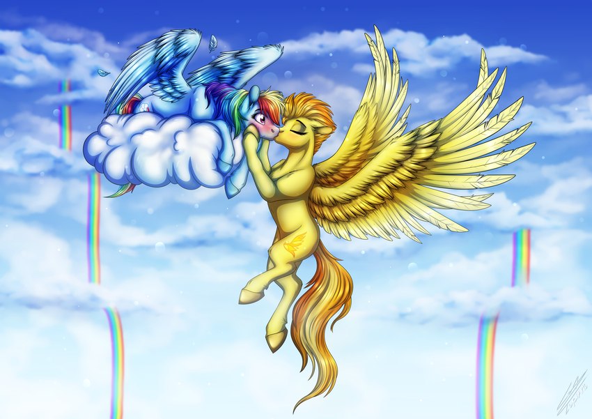 blue_body blush cloud cutie_mark duo eyes_closed feathered_wings feathers female female/female feral flying hair kissing multicolored_hair on_cloud purple_eyes rainbow rainbow_hair surprise_kiss wide_eyed wings yellow_body lupiarts friendship_is_magic hasbro my_little_pony mythology rainbow_dash_(mlp) spitfire_(mlp) wonderbolts_(mlp) equid equine mammal mythological_creature mythological_equine pegasus absurd_res hi_res