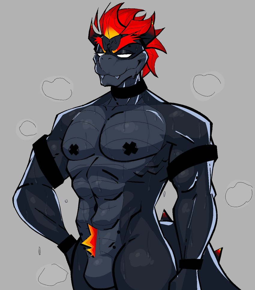 abs anthro athletic biped horn male nipple_tape pasties pubes solo tail tape xexeezy mario_bros nintendo bowser koopa scalie hi_res