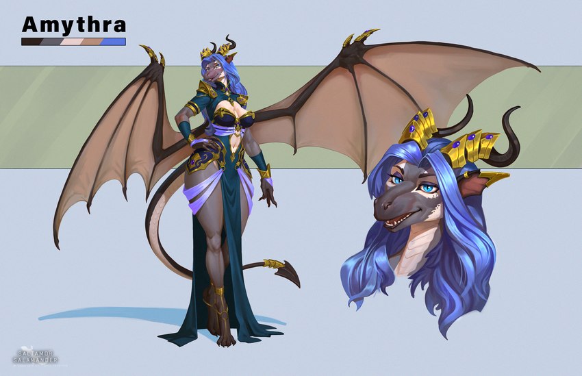 anthro blue_eyes blue_hair breasts claws clothed clothing curvy_figure dress female gold_(metal) hair horn jewelry medium_breasts membrane_(anatomy) membranous_wings navel smile solo spread_wings tail thick_thighs wide_hips wings saltamor mythology amythra dragon mythological_creature mythological_scalie scalie bust_portrait hi_res model_sheet portrait