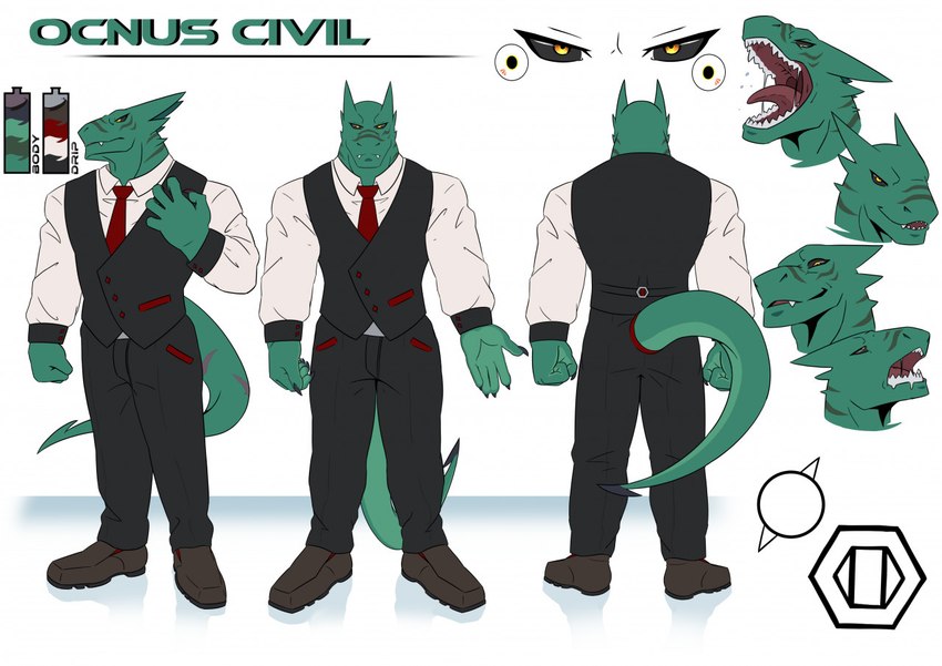 anthro black_sclera bodily_fluids bulge civil claws clothing dress_pants dress_shirt dress_shoes electrical_plug facial_expressions horn male markings necktie orange_eyes pointed_tail saliva scar shirt solo tail teeth tongue topwear vest villian samaraka mythology ocnus dragon lizard mythological_creature mythological_scalie reptile scalie model_sheet