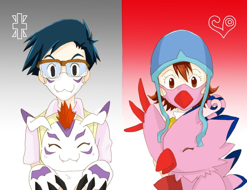 armor eyes_closed eyewear female glasses group headgear helmet male mihuyu_dgmn bandai_namco covid-19_pandemic digimon digimon_adventure joe_kido sora_takenouchi biyomon digimon_(species) gomamon human mammal hi_res