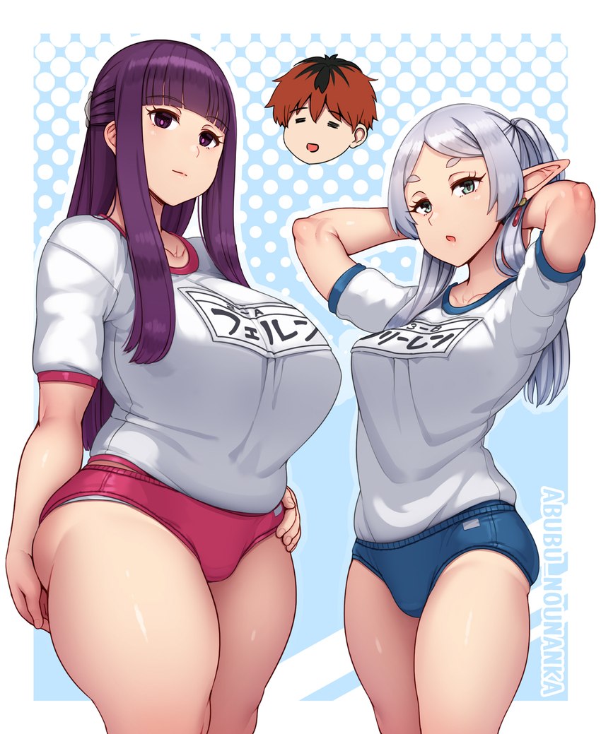 asian_clothing athletic_wear big_breasts biped bottomwear breast_size_difference breasts buruma clothed clothing duo east_asian_clothing eyebrows female fingers gym_bottomwear gym_shorts hair humanoid_pointy_ears japanese_clothing not_furry pointy_ears shorts abubu frieren_beyond_journey's_end fern_(frieren) frieren stark_(frieren) elf human humanoid mammal hi_res