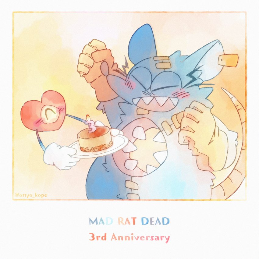 anthro blush cake candle clothing dessert duo ear_piercing ear_tag food fur gloves grey_body grey_fur handwear heart_symbol hole_(anatomy) male piercing sharp_teeth smile teeth text ottyo_kope mad_rat_dead nippon_ichi_software heart_(mad_rat_dead) mad_rat_(mad_rat_dead) heart_creature mammal murid murine organ_creature rat rodent 1:1 absurd_res english_text hi_res