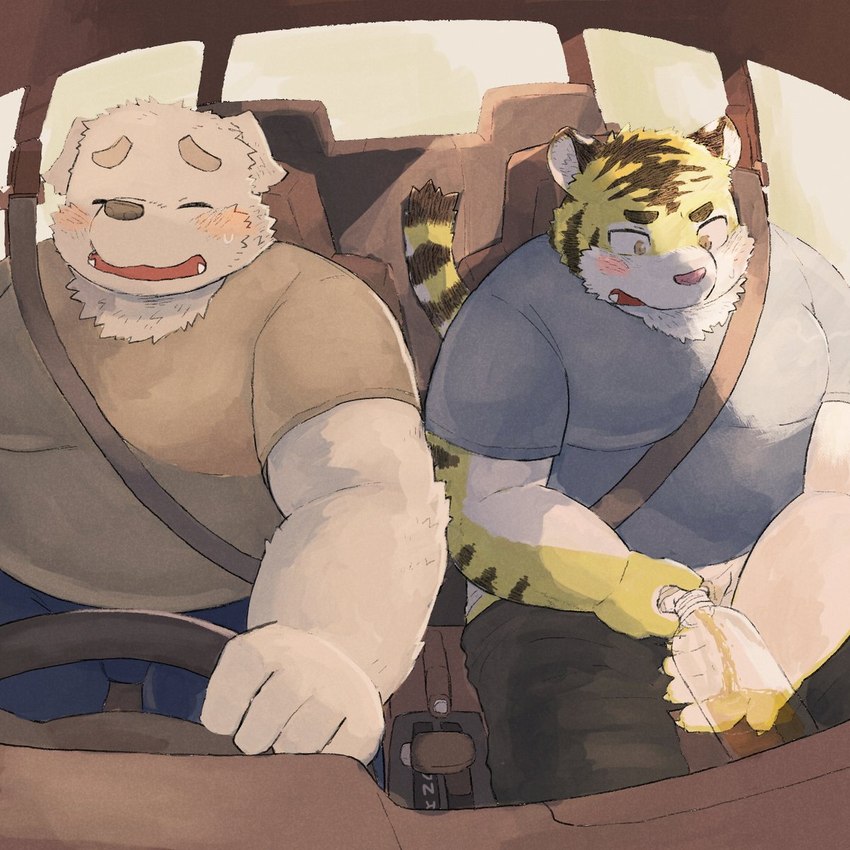 anthro belly big_belly blush bodily_fluids bottomwear car car_interior clothing driving duo eyes_closed genital_fluids humanoid_hands inside_car inside_vehicle kemono male overweight overweight_male pants peeing peeing_into_bottle peeing_into_container shirt sitting topwear urine vehicle chocobibear canid canine canis domestic_dog felid mammal pantherine tiger 1:1 2023 hi_res