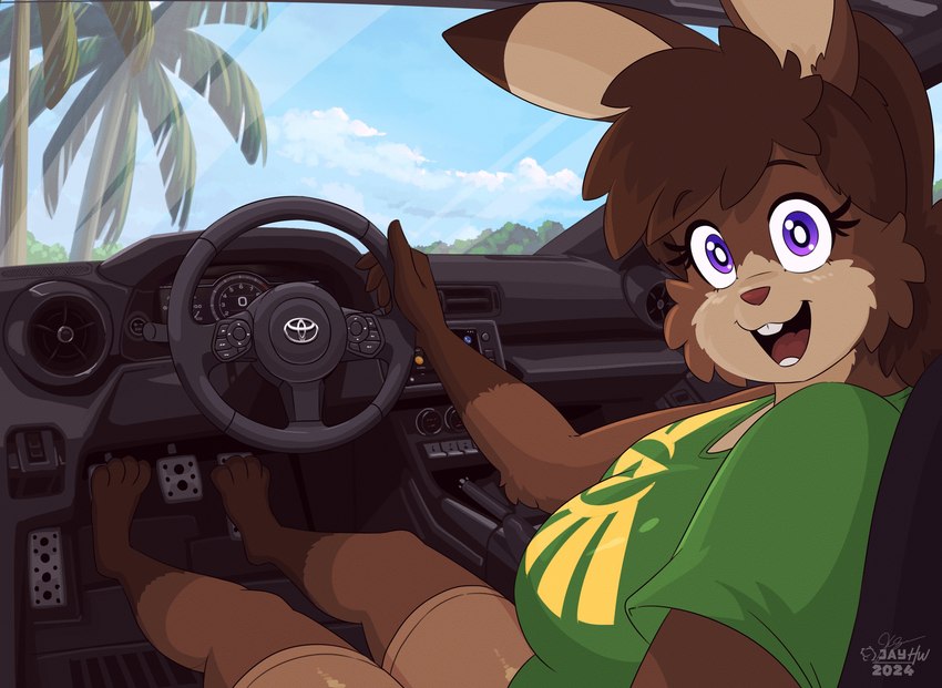 4_toes 5_fingers anthro arm_tuft barefoot blue_sky bottomwear brown_body brown_bottomwear brown_clothing brown_eyebrows brown_fur brown_hair brown_shorts buckteeth buckteeth_(lower_incisors) car car_interior cheek_tuft clothing countershade_face countershading day detailed_background dipstick_ears ear_markings elbow_tuft eyebrows eyelashes facial_tuft feet female fingers fur gloves_(marking) green_clothing green_shirt green_t-shirt green_topwear hair holding_steering_wheel inside_car inside_vehicle leg_markings logo looking_at_viewer looking_back looking_back_at_viewer markings multicolored_ears open_mouth palm_tree pink_nose plant pupils purple_eyes red_tongue shirt short_hair shorts sitting sky socks_(marking) solo t-shirt tan_body tan_fur tan_inner_ear teeth toes tongue topwear tree triforce_symbol tuft vehicle white_clouds white_pupils sammfeatblueheart toyota twix_(sammfeatblueheart) lagomorph leporid mammal rabbit 2024 artist_logo hi_res shaded signature