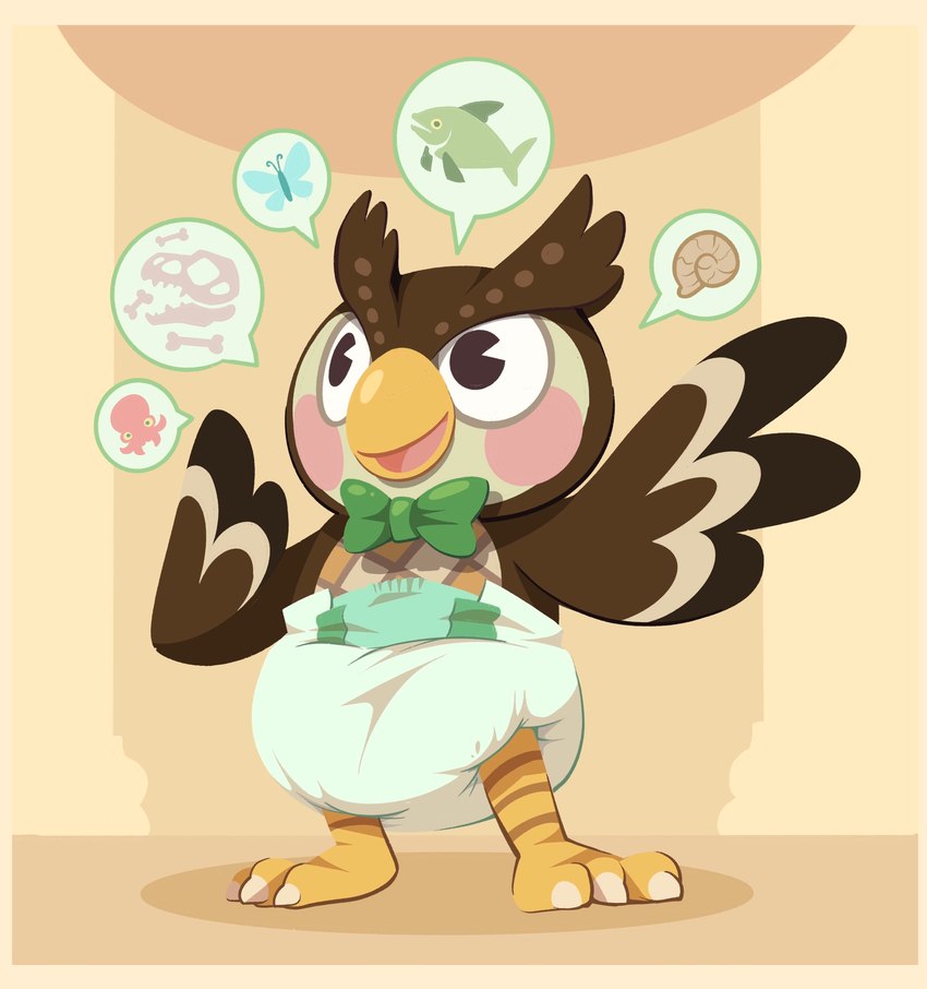 anthro avian_feet beak blush bone border clean_diaper clothed clothing diaper feet fossil male skull smile solo speech_bubble standing talons toes wearing_diaper winged_arms wings yellow_border bubblepuppers animal_crossing nintendo blathers_(animal_crossing) arthropod avian bird butterfly cephalopod coleoid fish insect lepidopteran marine mollusk octopodiform octopus owl hi_res