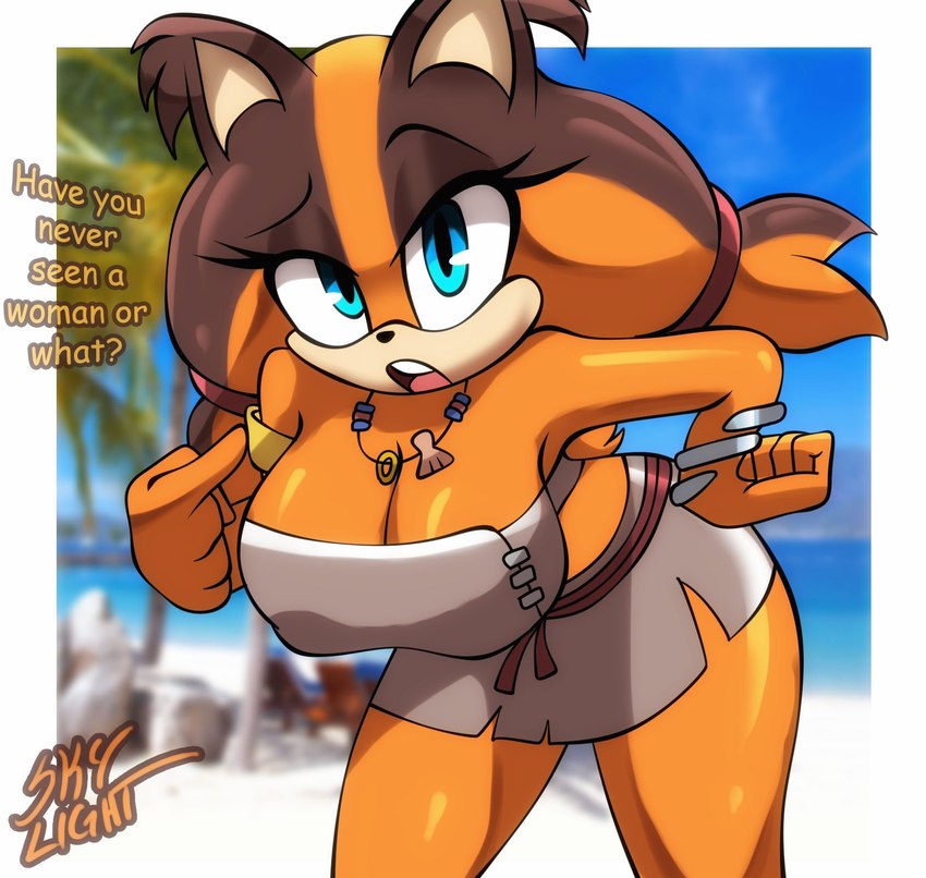 anthro beach big_breasts bottomwear bracelet breasts clothed clothing female huge_breasts jewelry looking_at_viewer necklace open_mouth outside rope skirt solo standing text tomboy skylight_(artist) sega sonic_boom sonic_the_hedgehog_(series) sticks_the_jungle_badger animal_humanoid badger badger_humanoid humanoid mammal mammal_humanoid mustelid mustelid_humanoid musteline musteline_humanoid 2025 english_text hi_res