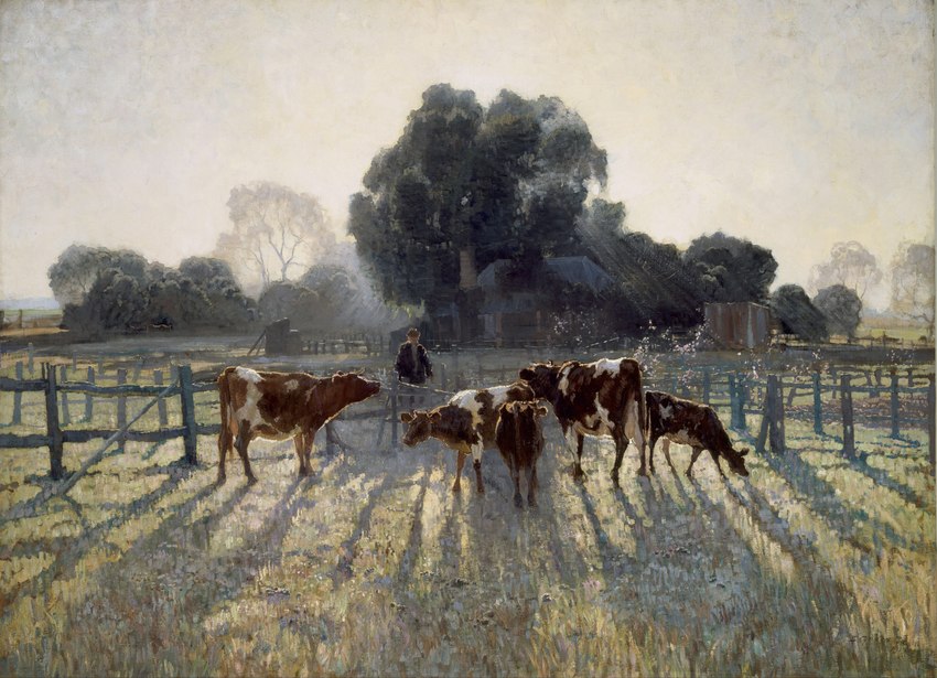 ambiguous_gender clothed clothing cowboy farm farmer fence feral fully_clothed grass group male outside plant rural tree elioth_gruner bovid bovine cattle human mammal 1919 20th_century absurd_res ancient_art formal_art hi_res oil_painting_(artwork) painting_(artwork) traditional_media_(artwork)