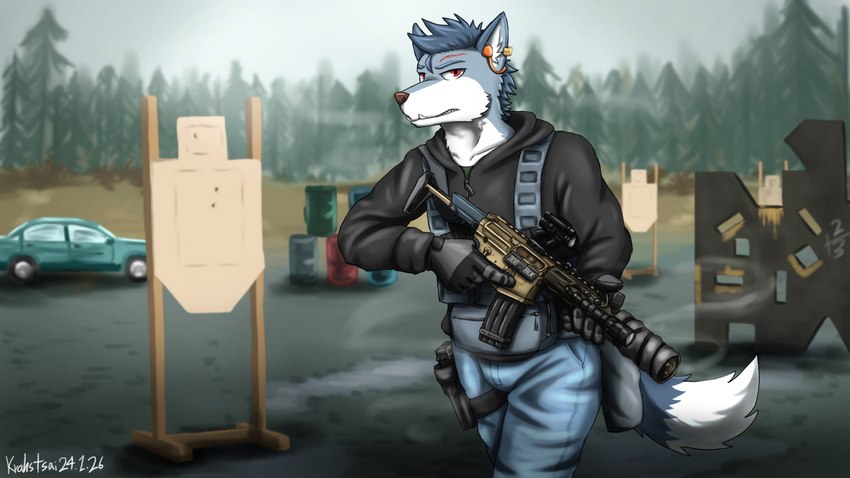 anthro gun looking_at_viewer male pupils ranged_weapon red_pupils rifle solo weapon krahs_tsai canid canine canis mammal wolf amarok_(disambiguation) colored hi_res