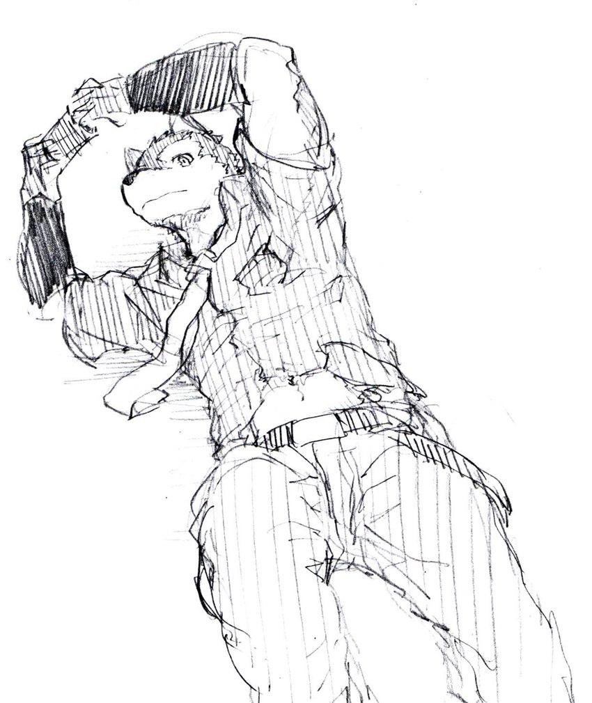 anthro bottomwear clothing dress_shirt holding_object looking_at_viewer lying male midriff on_back pants shirt short_sleeves solo topwear shi_ha_chi utau aro_rouon canid canine canis mammal wolf 2014 graphite_(artwork) hi_res traditional_media_(artwork)