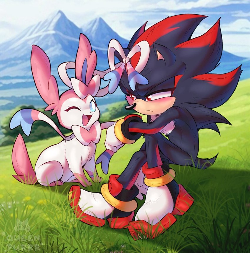 anthro black_body blue_eyes female feral inhibitor_ring male mountain one_eye_closed open_mouth pink_body red_eyes purrynx queenpurr nintendo pokemon sega sonic_the_hedgehog_(series) shadow_the_hedgehog eeveelution generation_6_pokemon pokemon_(species) sylveon crossover digital_media_(artwork)