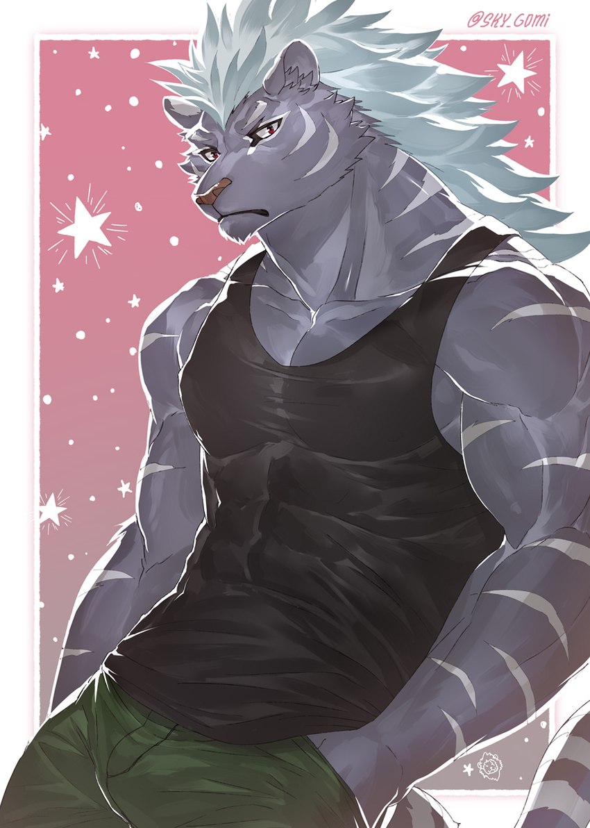 anthro biceps bottomwear clothing fur male muscular muscular_anthro muscular_male pecs shirt simple_background solo tank_top topwear sky_gomi felid mammal pantherine hi_res