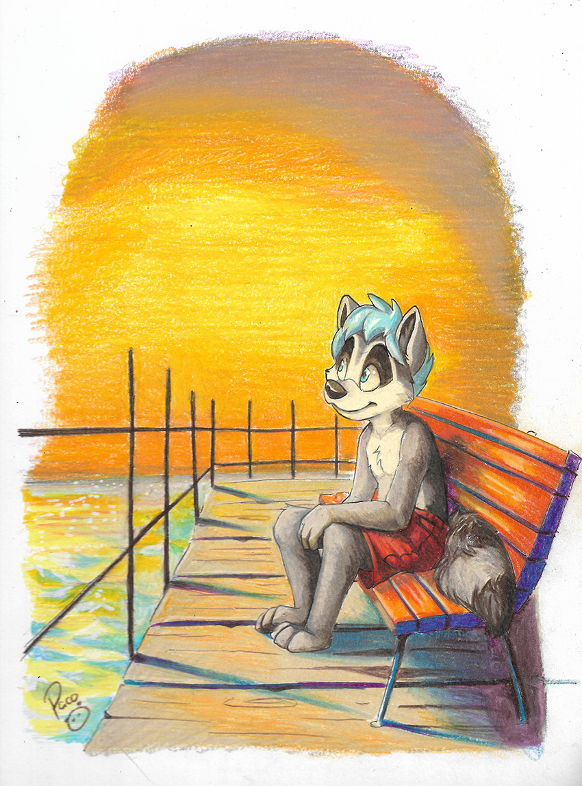 adolescent anthro bench black_nose black_tail blue_eyes blue_hair bottomwear closed_smile clothed clothing fur glistening glistening_eyes grey_body grey_fur grey_tail hair male mouth_closed outside red_bottomwear red_clothing red_shorts short_hair shorts sitting smile solo tail topless white_body white_fur young young_anthro young_male pandapaco mammal procyonid raccoon hi_res