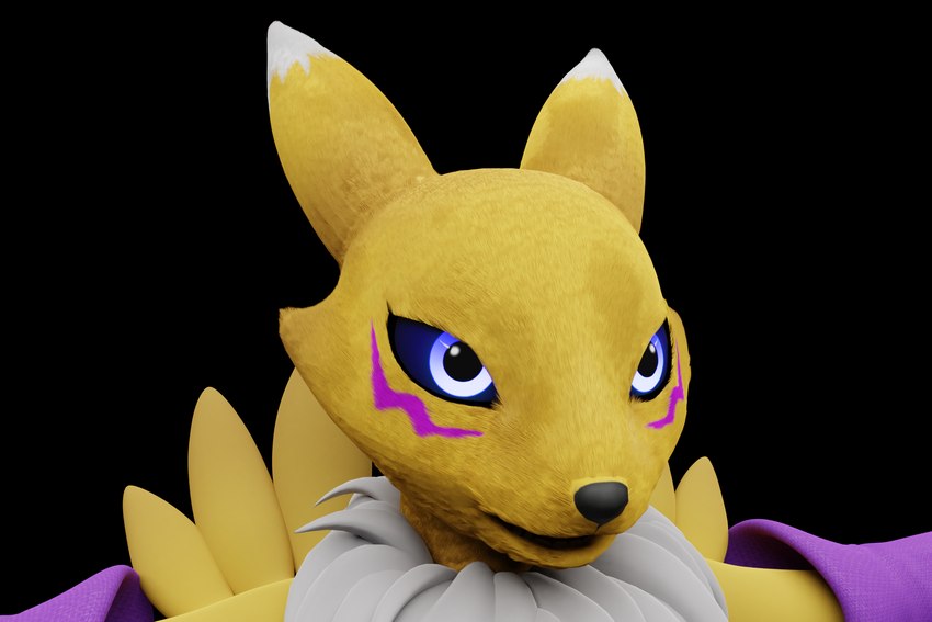 black_background black_sclera blue_eyes female glowing glowing_eyes kneeling simple_background solo fever-dreamer bandai_namco digimon renamon_(tenzide) canid canine digimon_(species) fox mammal renamon 3:2 3d_(artwork) blender_(artwork) digital_media_(artwork) hi_res