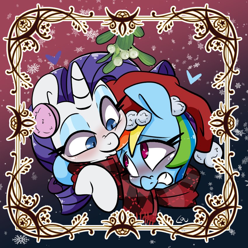 blue_body blue_eyes blush christmas_clothing christmas_headwear clothed clothing duo eyelashes eyeshadow female female/female hair hat headgear headwear heart_symbol holidays hooves horn makeup mistletoe multicolored_hair plant purple_eyes purple_hair rainbow_hair santa_hat scarf white_body louvely christmas friendship_is_magic hasbro my_little_pony mythology rainbow_dash_(mlp) rarity_(mlp) equid equine mammal mythological_creature mythological_equine unicorn 1:1 hi_res