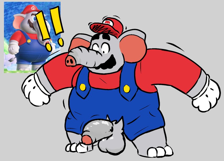 anthro balls clothed clothing facial_hair genitals male mustache partially_clothed penis solo surprise trunk wardrobe_malfunction charmcharmcharm mario_bros nintendo super_mario_bros_wonder elephant_mario mario elephant elephantid mammal proboscidean hi_res official_art reference_image