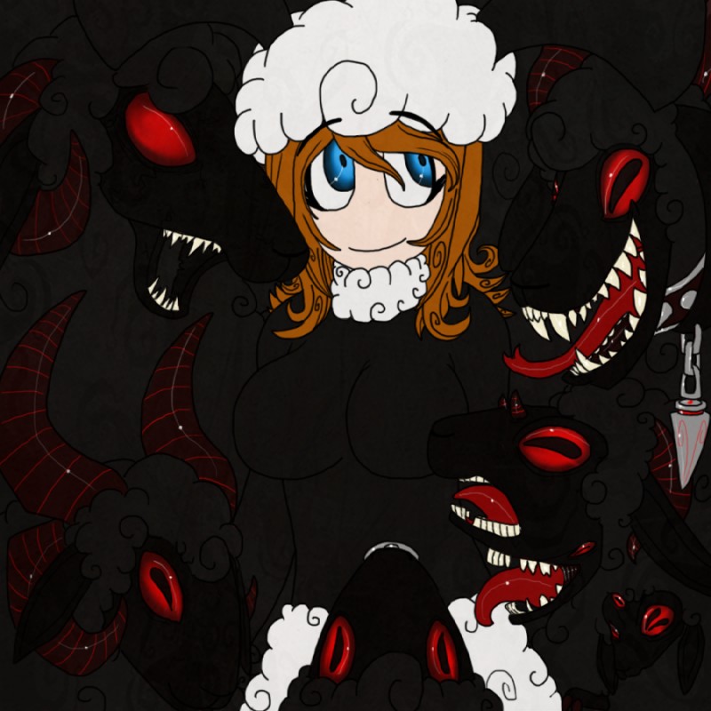 anthro bovid_horn caprine_horn female group horn open_mouth ram_horn red_sclera religion sharp_teeth teeth vonderdevil bovid caprine caprine_demon demon domestic_sheep human mammal sheep sheep_demon 1:1