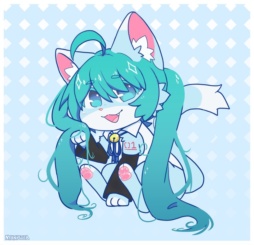 ahoge alternate_species armwear bell bell_collar blue_eyes clothing collar cute_fangs eyebrows fangs female feral furrification green_hair hair looking_at_viewer open_mouth pigtails shirt sitting solo teeth topwear twintails_(hairstyle) nyanpizza vocaloid hatsune_miku domestic_cat felid feline felis mammal 2021 absurd_res hi_res