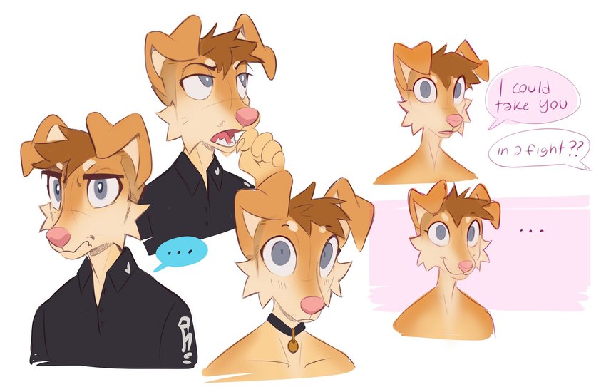 anthro brown_body brown_fur brown_hair collar collar_tag collared_shirt dialogue ellipsis fangs fur hair half-closed_eyes male multiple_poses narrowed_eyes open_mouth pose simple_background smile solo speech_bubble tan_body tan_fur teeth text white_background wide_eyed wide_hips heresvix ginger_(heresvix) canid canine canis domestic_dog mammal digital_media_(artwork) english_text hi_res andromorph_(lore) trans_(lore) trans_man_(lore)