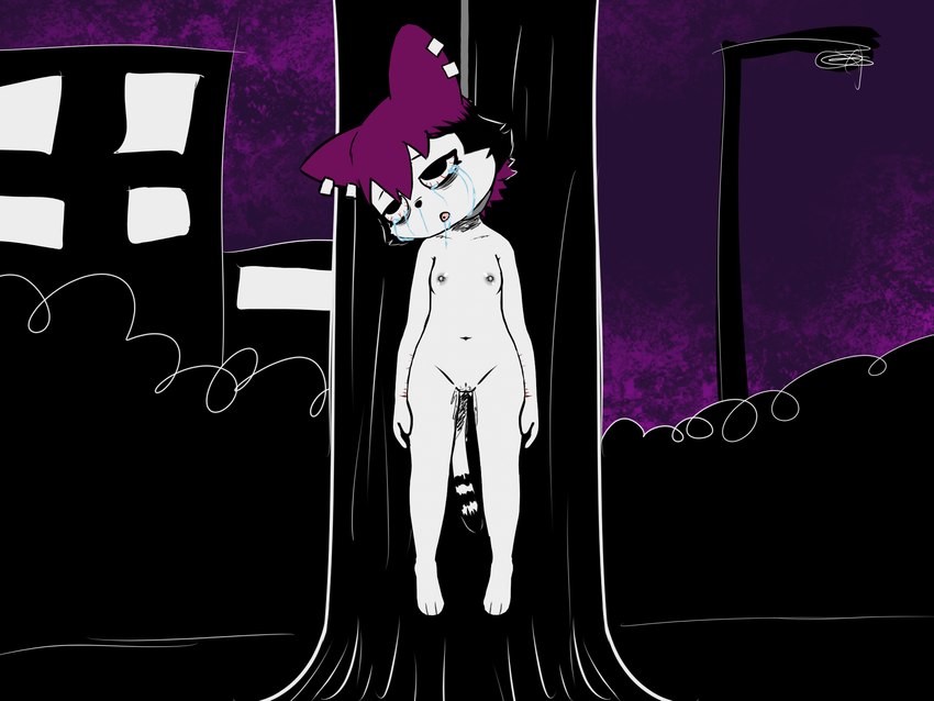 2d_on_3d 3_toes anthro bloodshot_eyes bodily_fluids breasts child_murder city corpse dead_eyes death drooling ear_piercing eye_bags eye_roll feet female genital_fluids genitals hair hanged innie_pussy navel night nipple_piercing nipples noose nude pear-shaped_figure piercing plant purple_hair pussy ryona saliva scar self-harm self-harm_scars shrub small_breasts snot solo suicide tears toes tongue tongue_out tongue_piercing tree vaginal_fluids wide_hips young e254e veronica_(e254e) domestic_cat felid feline felis mammal 2024 4:3 hi_res shaded