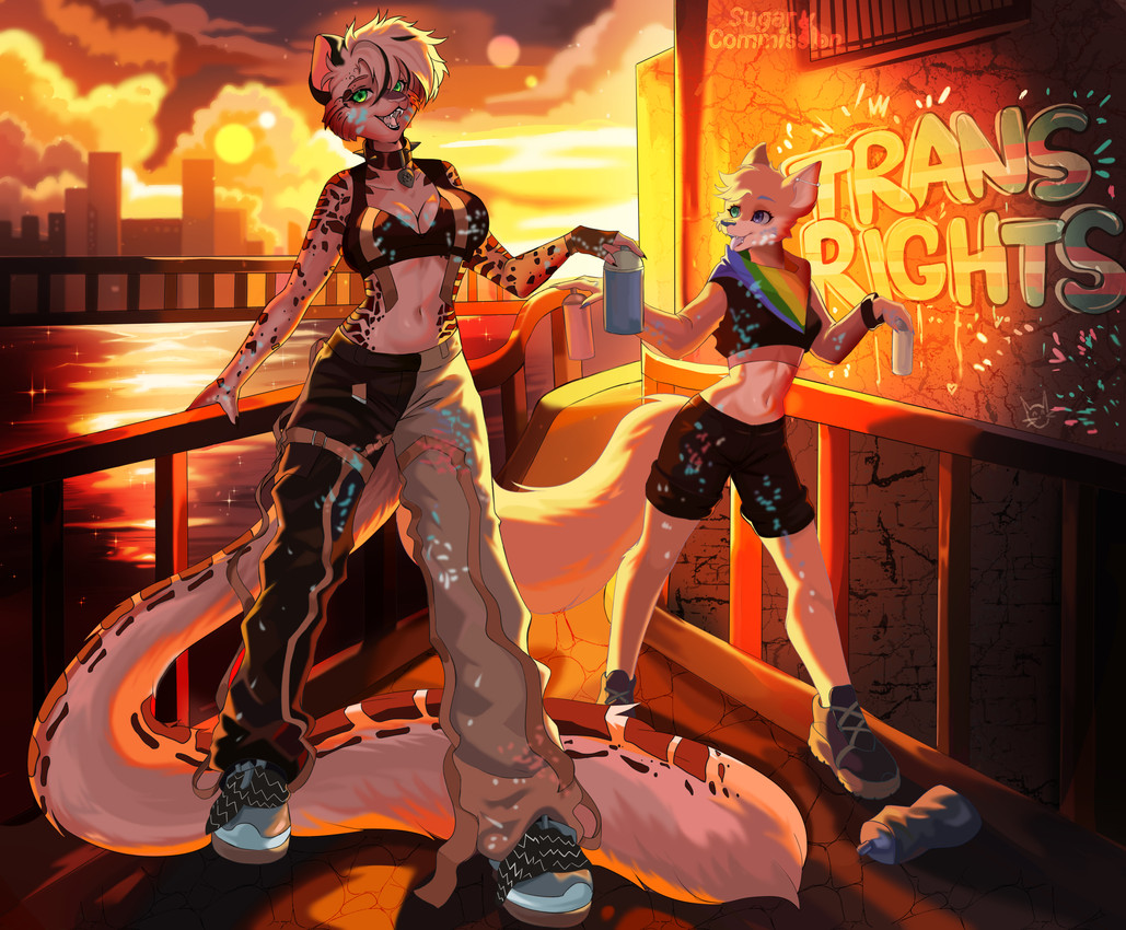 abs anthro athletic backlighting bicolor_fur blue_eyes bottomwear breasts bridge choker city cityscape clothed clothing collar crop_top detailed_background duo dusk fangs female femboy fingerless_gloves fluffy fluffy_tail footwear fur gloves glowing golden_hour graffiti green_eyes hair hair_over_eye handwear head_tuft holding_object holding_spray_can jewelry kerchief lgbt_pride light long_tail message midriff multicolored_body multicolored_bottomwear multicolored_clothing multicolored_fur navel necklace orange_body orange_fur outside paint pants railing rainbow_bandana rim_lighting rosettes_(markings) sharp_teeth shirt shoes shorts sky slim smile sneakers sparkles spray_can spray_paint sunset tail teeth text thick_tail toned_belly topwear tuft two_tone_bottomwear two_tone_clothing two_tone_pants urban vibrant_colors white_body white_fur sugar_(artist) canid canine felid feline fox hybrid leopard mammal pantherine absurd_res digital_media_(artwork) english_text hi_res lighting