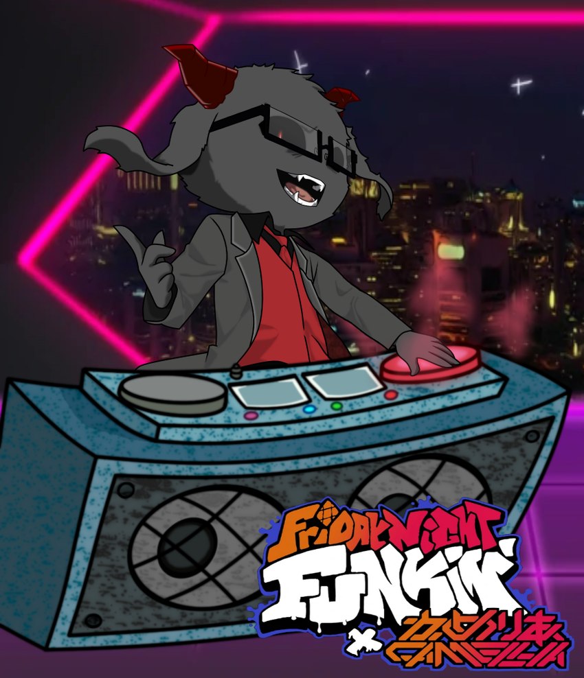 anthro black_clothing black_eyes black_jacket black_topwear bow_tie city city_lights clothing disc_jockey eyewear fur glasses goat_ears grey_body grey_fur horn jacket male neon_lights pupils red_clothing red_pupils solo topwear stypek_(artist) friday_night_funkin' omniscient_reader's_viewpoint fan_character reinal bovid caprine caprine_demon demon goat goat_demon mammal