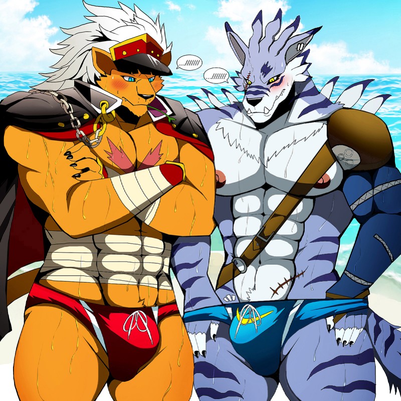 anthro big_muscles blush bulge clothed clothing coat_cape duo male muscular muscular_male nipples swimwear bearlovestiger13 bandai_namco digimon bancholeomon canid canine digimon_(species) felid mammal weregarurumon 1:1 hi_res