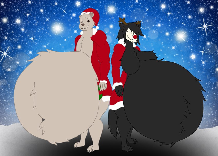 anthro antlers back_to_back belly belly_overhang belly_tuft big_belly big_breasts black_hair bone breast_tuft breasts cheek_tuft chest_tuft christmas_clothing christmas_headwear claws clothed clothing coat cosplay costume crossover_cosplay duo exposed_belly exposed_breasts facial_tuft fake_antlers fake_horns fangs featureless_breasts female fluffy_clothing hair hat head_tuft headgear headwear holidays horn huge_belly long_hair looking_at_viewer male multicolored_body multicolored_clothing multicolored_coat multicolored_hat multicolored_topwear multicolored_underwear navel navel_outline navel_tuft obese obese_anthro obese_female obese_male one_eye_closed overweight overweight_anthro overweight_female overweight_male red_clothing red_coat red_nose red_topwear santa_coat santa_costume santa_hat skull skull_head snow snowing star tail tail_tuft teeth three-quarter_view toe_claws topwear tuft twinkle underwear wink winking_at_viewer mandro22 beastars christmas mythology scp_foundation mal0 riz_(beastars) rudolph_the_red-nosed_reindeer santa_claus scp-1471-a animal_humanoid bear brown_bear canid canid_humanoid canine canine_humanoid canis grizzly_bear humanoid mammal mammal_humanoid monster mythological_canine mythological_creature ursine werecanid werecanine werecreature werewolf wolf wolf_humanoid 2024 absurd_res crossover hi_res huge_filesize