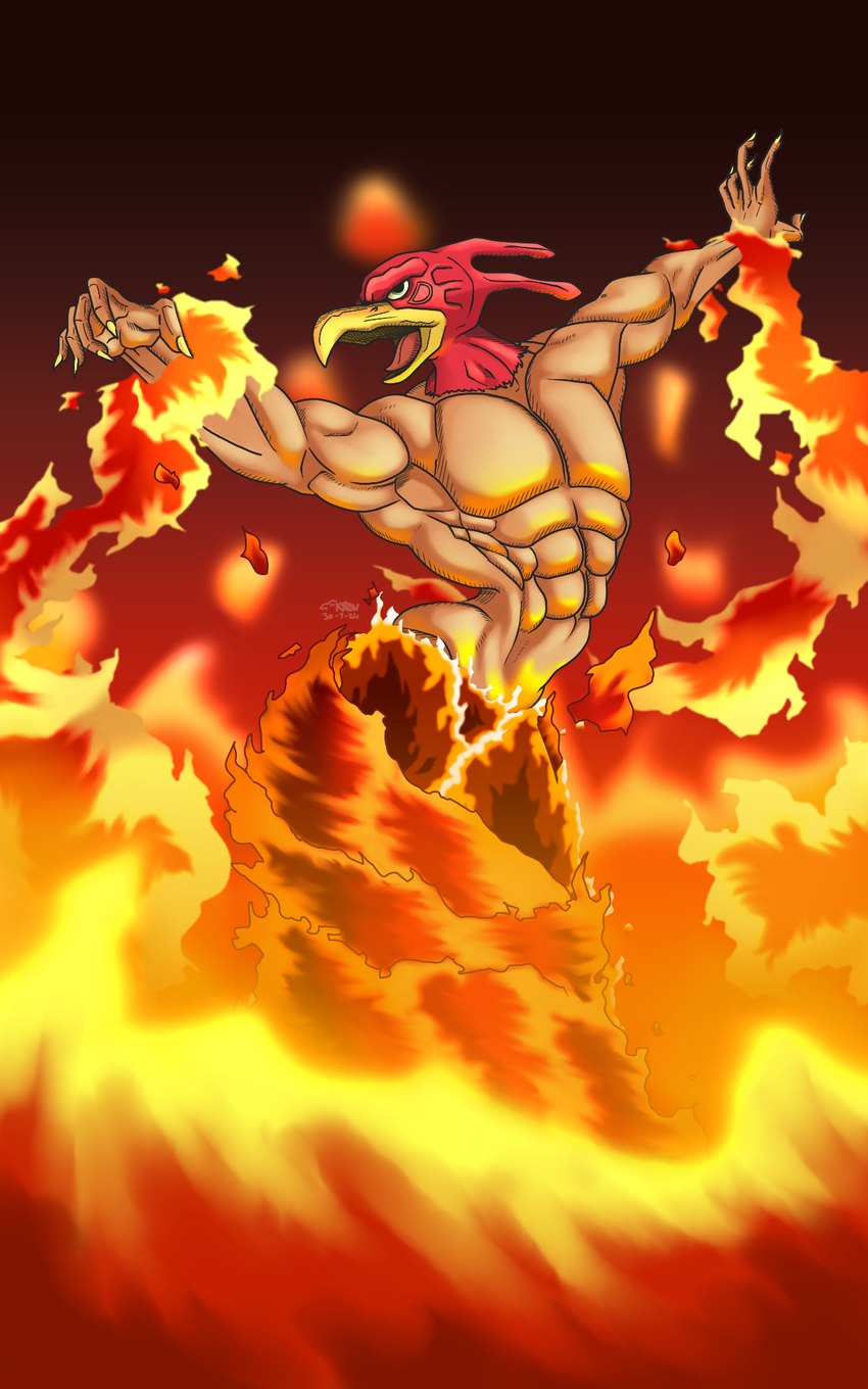 abs action_pose beak big_muscles clothed clothing cocked_hip elemental_manipulation fire fire_manipulation flaming flaming_legs for_a_head light_body light_skin male muscular muscular_male open_beak open_mouth pecs pose raised_arm raised_arms solo topless wide_stance yellow_beak krowbutt jojo's_bizarre_adventure magician's_red animal_head animal_humanoid avian humanoid stand_(jjba) 5:8 hi_res