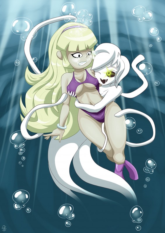 accessory asphyxiation blonde_hair breasts bubble cave clothing crossgender drowning duo female glowing glowing_eyes goo-connected_lips grope hair hair_accessory hairband long_hair medium_breasts not_furry scared sea short_hair slime smile swimming swimwear tanned tentacles trapped underwater water white_body white_hair white_skin yellow_eyes unknownlewder disney gravity_falls the_binding_of_isaac_(series) delirium_(tboi) pacifica_northwest goo_creature human humanoid mammal absurd_res crossover digital_media_(artwork) hi_res