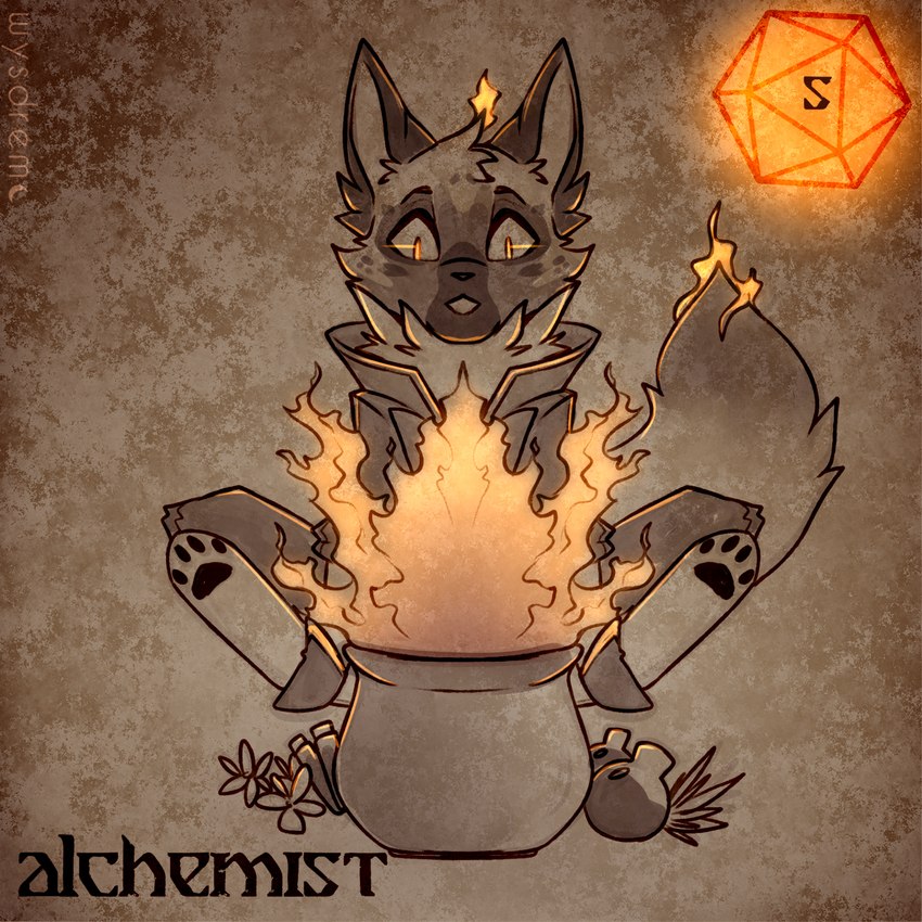 alchemist alchemy ambiguous_gender anthro clothing cooking_pot d20 dice ears_up fire fluffy fluffy_tail holidays open_mouth pawpads paws sitting solo tail tail_on_fire wide_eyed wysdrem halloween mammal 1:1 hi_res