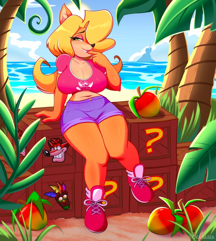 anthro arm_support beach big_breasts bite biting_lip blonde_hair bottomwear breasts cleavage clothed clothing countershade_face countershade_torso countershading crate eyelashes eyeshadow female food footwear fruit green_eyes hair half-closed_eyes inner_ear_fluff long_hair looking_at_viewer low_wall makeup multicolored_body multicolored_face multicolored_skin narrowed_eyes naughty_face navel orange_body orange_skin outline outside palm_tree pink_clothing pink_eyeshadow pink_shirt pink_topwear plant red_outline sea seaside shirt shoes shorts sitting smile solo tan_body tan_countershading tan_skin thick_thighs topwear tree tuft two_tone_body two_tone_face two_tone_skin water wumpa_fruit okasaira activision crash_bandicoot_(series) aku_aku crash_bandicoot tawna_bandicoot bandicoot mammal marsupial 2022 artist_name digital_media_(artwork) full-length_portrait hi_res portrait