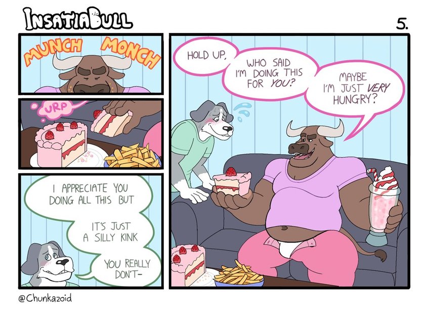 anthro belly burping dialogue duo embarrassed food food_fetish male male/male overweight overweight_male slob teasing text weight_gain chunkazoid bovid bovine canid canine canis cattle domestic_dog mammal 4:3 comic english_text