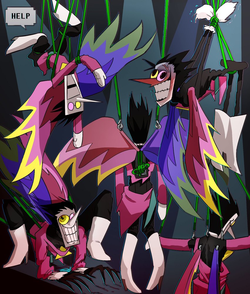 black_hair boots bound clothing footwear hair hands_tied male pointy_nose shoes skinny smile solo suspension vein wings homunculus100 deltarune undertale_(series) spamton_g._spamton spamton_neo darkner humanoid living_puppet winged_humanoid hi_res