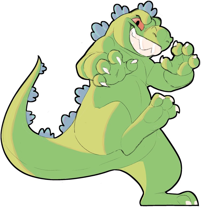 anthro black_eyes claws green_body green_nose green_scales green_tail male paw_pose pose raised_leg red_sclera scales sharp_teeth simple_background smile solo tail teeth toe_claws white_background white_claws white_toe_claws sushiamazing nickelodeon nickelodeon_all-star_brawl rugrats reptar dinosaur prehistoric_species reptile scalie theropod tyrannosaurid tyrannosauroid tyrannosaurus tyrannosaurus_rex 2023 digital_media_(artwork) hi_res