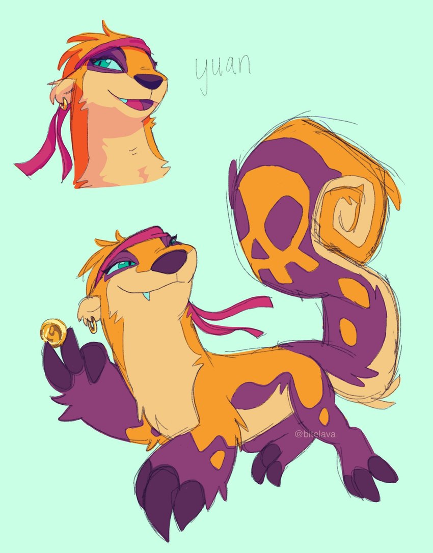 ambiguous_gender fangs feral fur orange_body orange_fur purple_body purple_fur smile solo tailbutt teeth bitelava neopets lutari mammal mustelid neopet_(species) 2018 hi_res model_sheet warm_colors