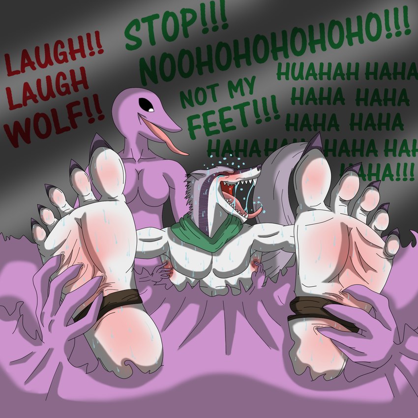 5_toes anthro barefoot blush bodily_fluids breasts brown_stirrups cape claws clothed clothing dominant dominant_anthro dominant_female duo eyes_closed feet female foot_fetish foot_focus green_cape green_clothing grey_background humanoid_feet laugh long_tongue looking_at_another male male/female muscular muscular_anthro muscular_male open_mouth pink_blush pink_tongue plantigrade pointy_ears prick_ears purple_body purple_claws restrained saliva sharp_teeth simple_background slime slime_bondage snout soles stirrup_footwear stirrup_legwear submissive submissive_anthro submissive_male teeth text tickle_fetish tickle_torture tickling tickling_armpits tickling_feet toe_claws toes tongue topless topless_anthro topless_male white_body white_skin kmj91_(artist) haa celia_(quintonquill) z'nth canid canine canis goo_creature mammal scalie wolf 1:1 2015 english_text hi_res