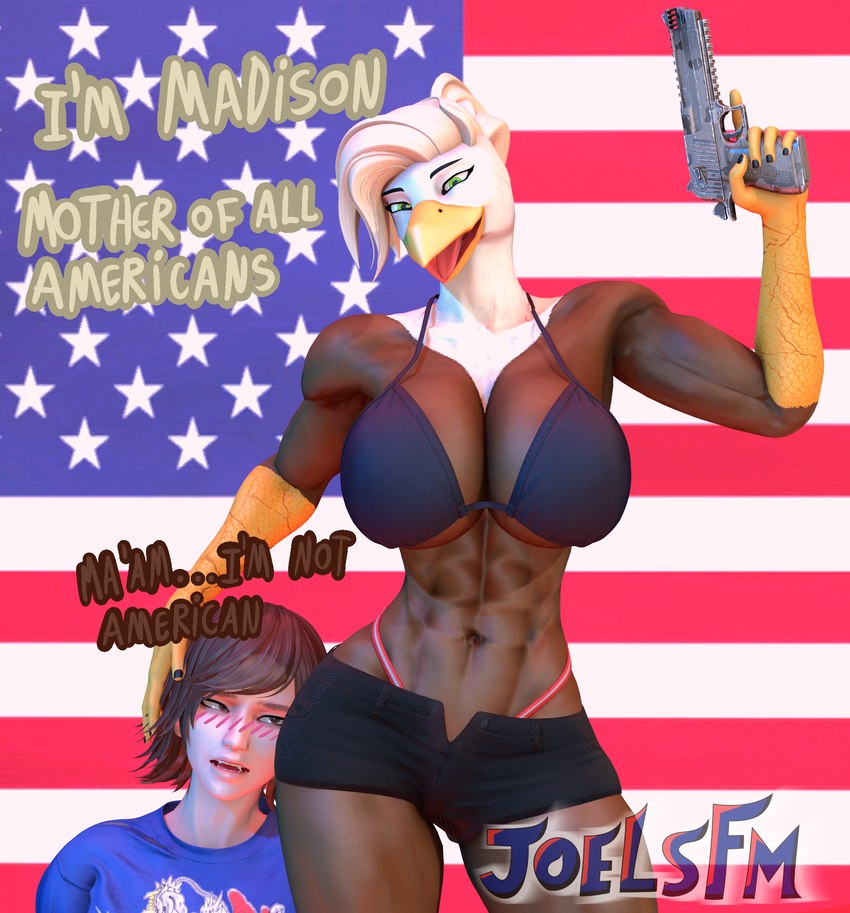 american_flag anthro beak bikini bikini_top blush breasts clothed clothing dialogue duo female flag gun hair looking_at_viewer male male/female ranged_weapon swimwear tongue two-piece_swimsuit united_states_of_america weapon joelsfm blacked_hand madison_(joelsfm) accipitrid accipitriform avian bird eagle human mammal 3d_(artwork) digital_media_(artwork) hi_res source_filmmaker_(artwork)