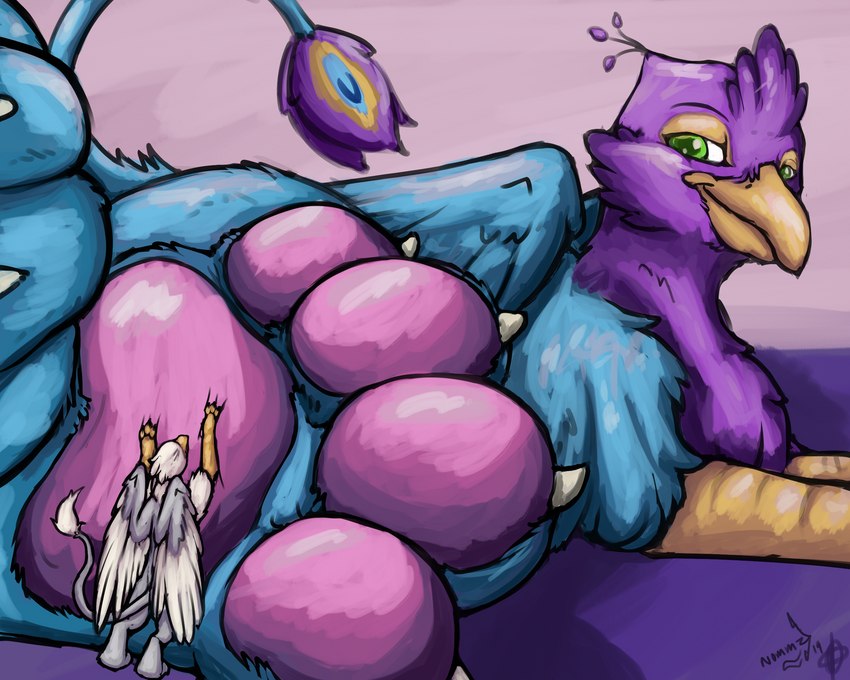 avian_feet beak blue_body duo feathered_crest feathered_wings feathers feet feral foot_fetish green_eyes head_crest macro male micro pawpads paws pink_body quadruped size_difference tail tail_tuft tuft white_body wings gyrotech nommz mythology der gyro_feather avian bird galliform gryphon mythological_avian mythological_creature peafowl phasianid 5:4 hi_res