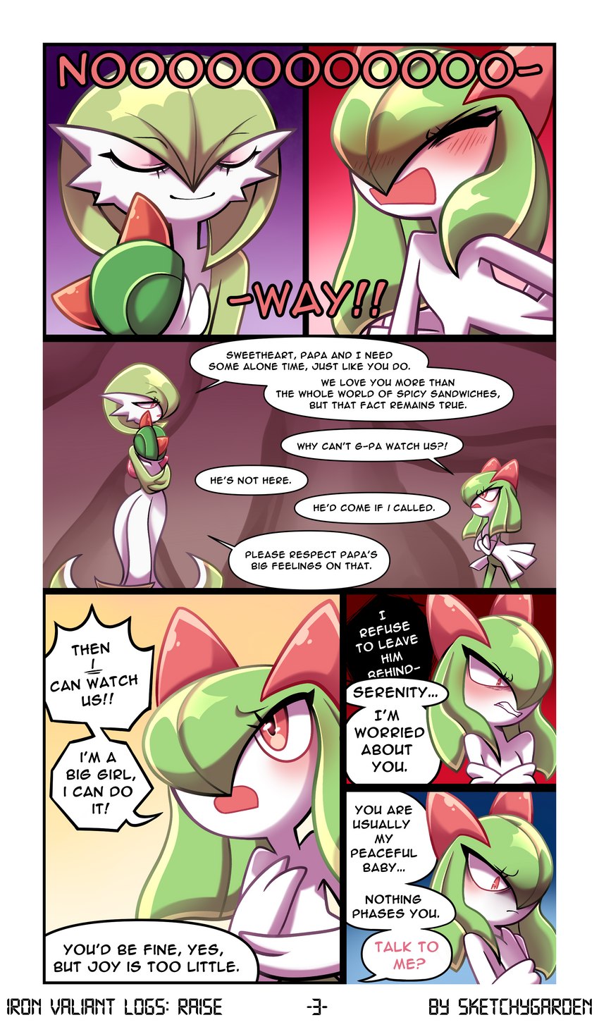 angry blush dialogue female group male micro_thighs text thin_thighs trio upset worried yelling sketchygarden nintendo pokemon grace_(sketchygarden) joy_(sketchygarden) serenity_(sketchygarden) gardevoir generation_3_pokemon humanoid kirlia pokemon_(species) ralts absurd_res comic english_text hi_res