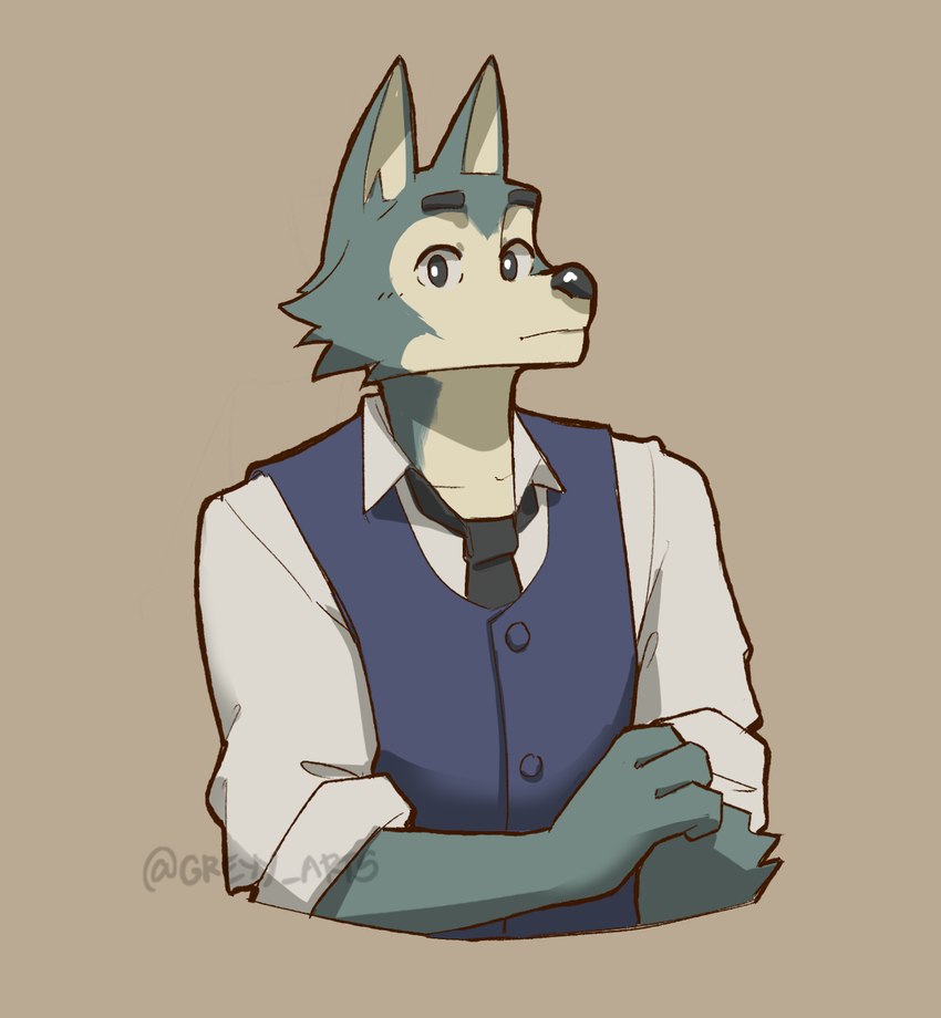 anthro clothed clothing eyebrows fingers fur male simple_background solo topwear greyy beastars legoshi_(beastars) canid canine canis mammal wolf hi_res