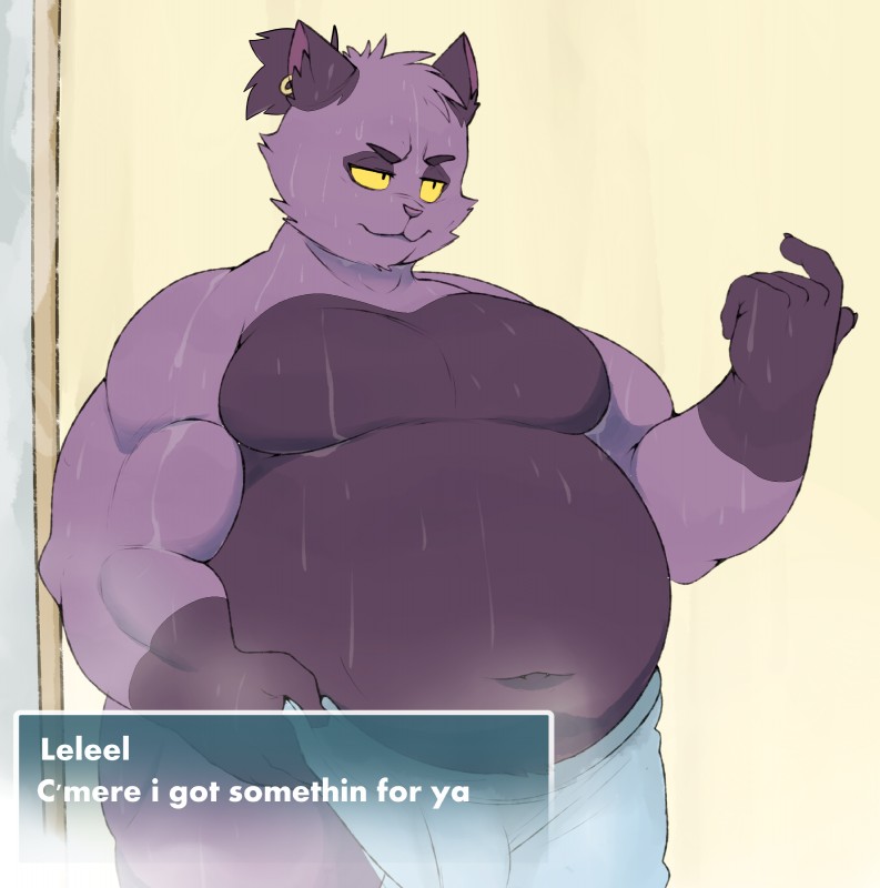 anthro bulge dialogue ear_piercing male navel overweight overweight_anthro overweight_male piercing solo suggestive text wet yellow_eyes conditional_dnp erobos ankama dofus fan_character leliel demigod domestic_cat ecaflip felid feline felis hybrid mammal absurd_res english_text hi_res