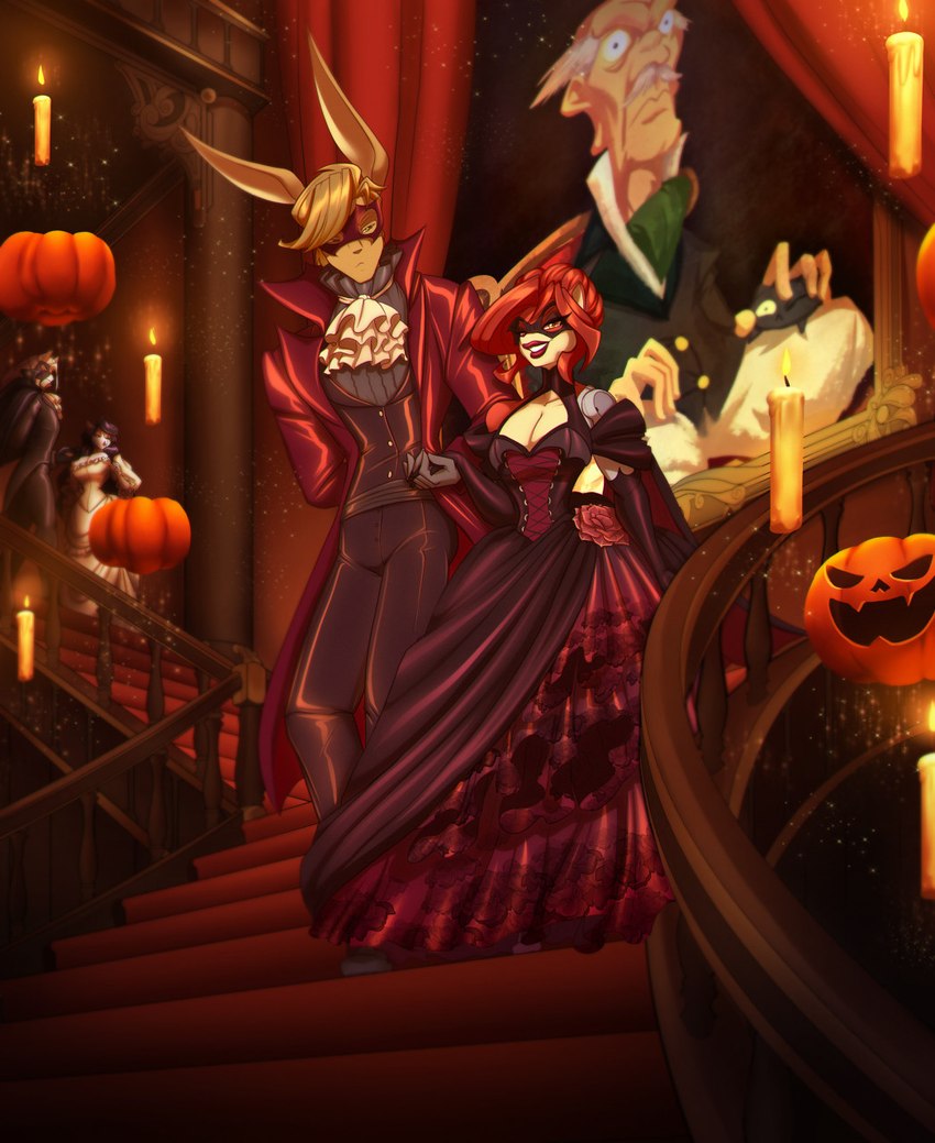 anthro ball_gown breasts candle candlestick cleavage clothed clothing dress female food fruit fully_clothed hair hand_holding jack-o'-lantern male mask orange_hair plant pumpkin suit toughset humanoid kangaroo macropod mammal marsupial digital_media_(artwork) hi_res