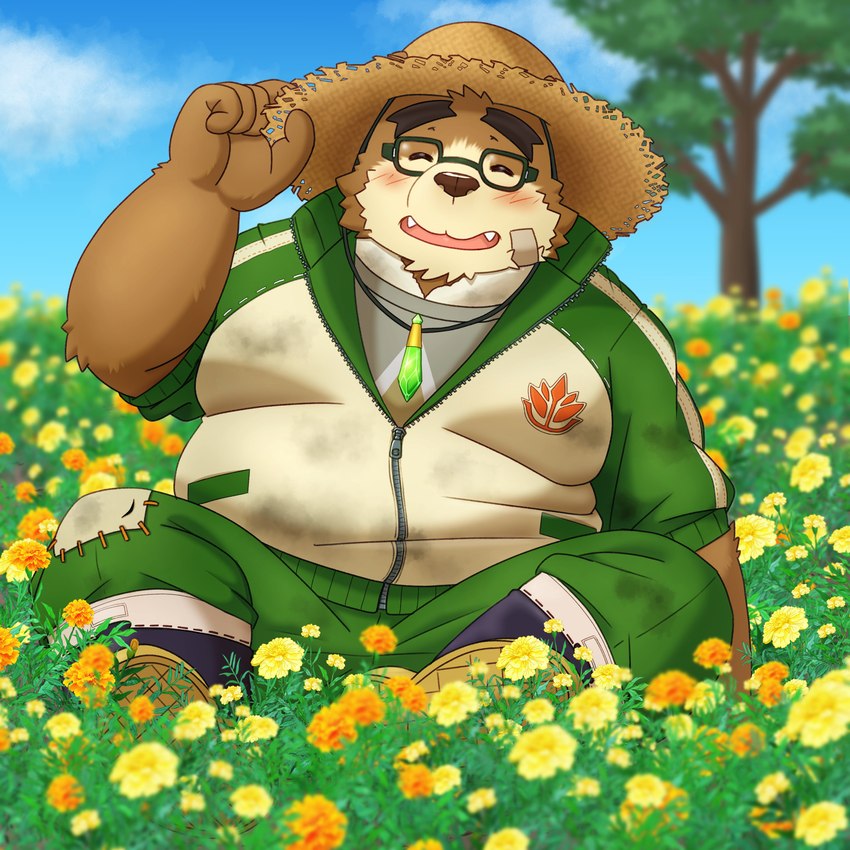 anthro band-aid bandage belly big_belly blush bottomwear brown_body brown_fur clothing cute_fangs detailed_background eyes_closed eyewear fangs flower fur glasses hat headgear headwear humanoid_hands kemono male outside overweight overweight_male pants plant sitting smile solo straw_hat teeth tree yaki_atsuage lifewonders tokyo_afterschool_summoners volos_(tas) bear mammal 1:1 2023 absurd_res hi_res