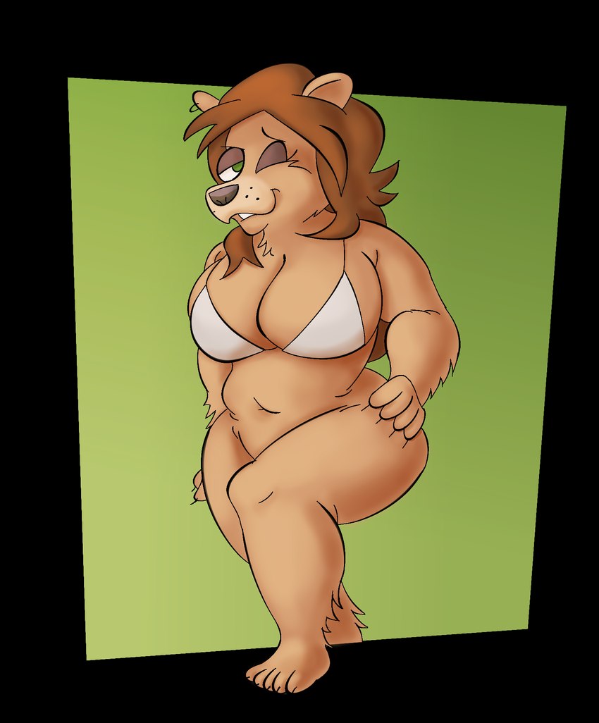 5_toes anthro barefoot belly big_breasts breasts brown_hair claws feet female green_eyes hair hand_on_hip long_hair looking_at_viewer one_eye_closed overweight plantigrade simple_background slightly_chubby smile smiling_at_viewer smirk smirking_at_viewer solo thick_thighs toes wide_hips wink winking_at_viewer bbqnboots40 amanda_ravage bear brown_bear grizzly_bear mammal ursine alpha_channel hi_res shaded soft_shading